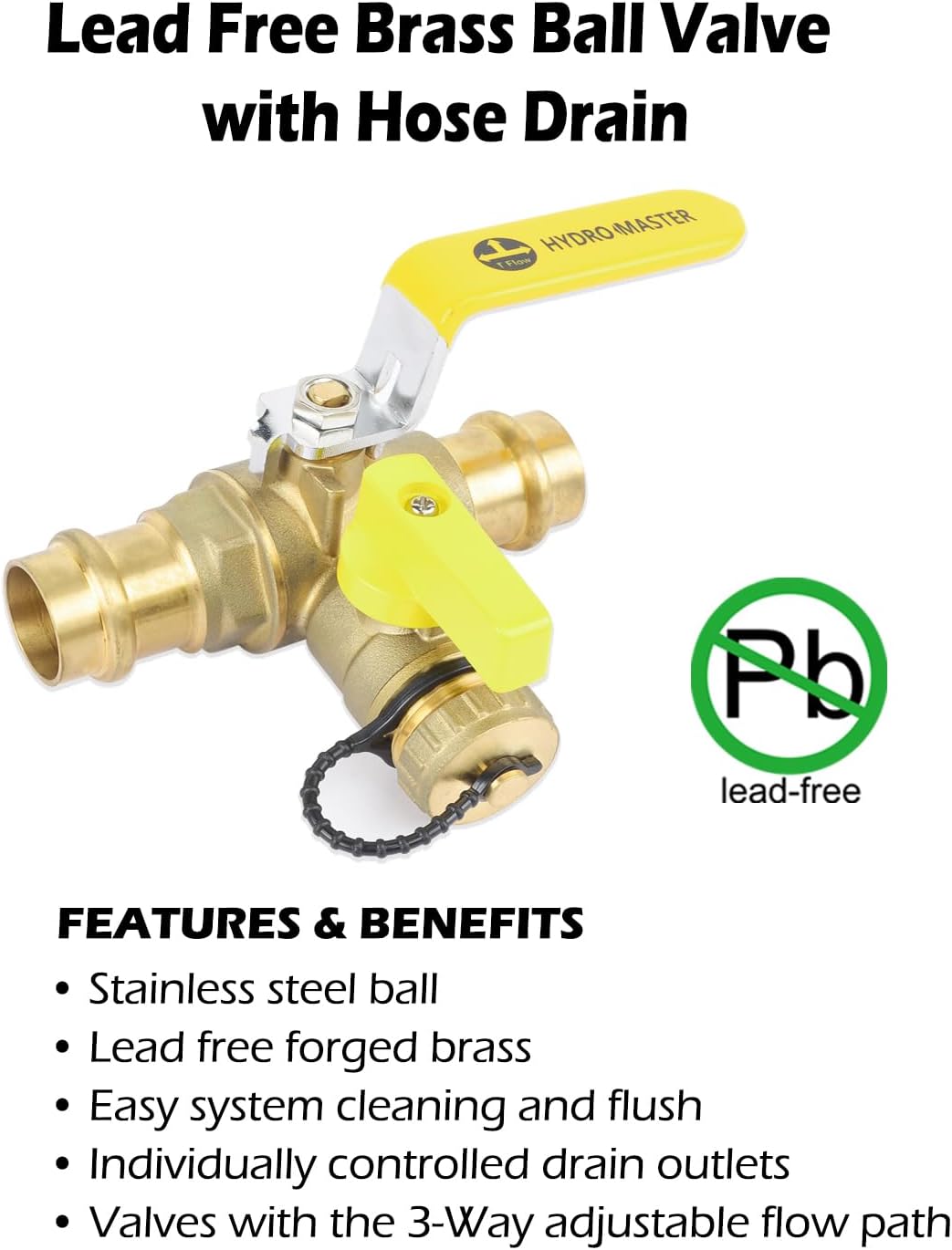 HYDRO MASTER 3/4" Press Full Port Ball Valve w/Drain & Reversible Handle, LF Brass, 3/4 Inch T-Flow, Press Connection