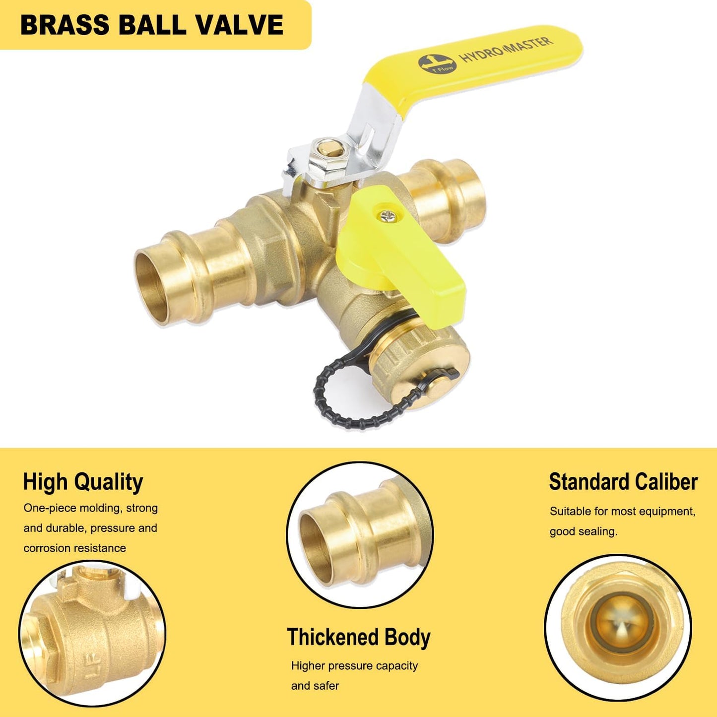 HYDRO MASTER 3/4" Press Full Port Ball Valve w/Drain & Reversible Handle, LF Brass, 3/4 Inch T-Flow, Press Connection