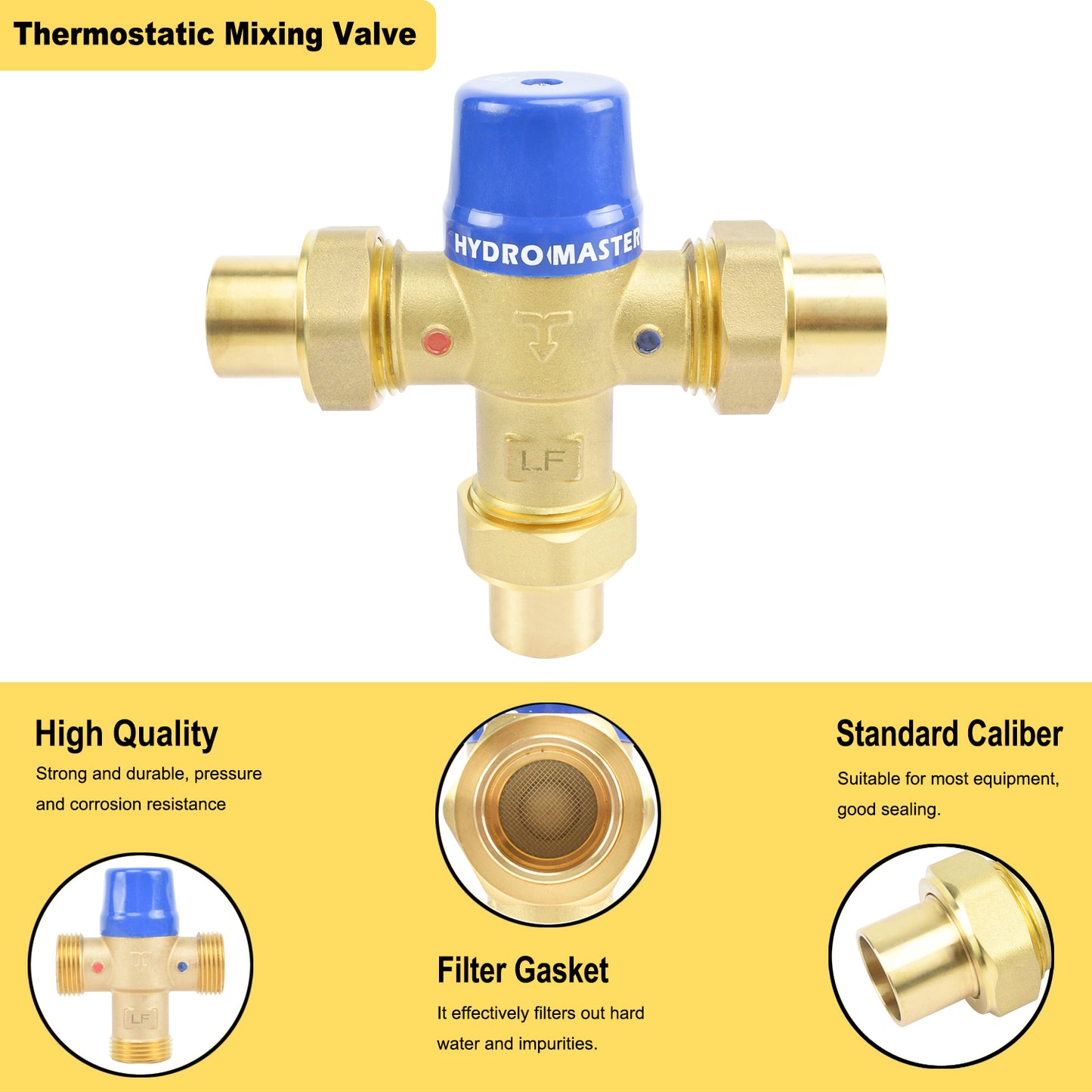 HYDRO MASTER Thermostatic Mixing Valve, Lead Free Brass Construction, Temperature Control, 3/4 Inch Sweat