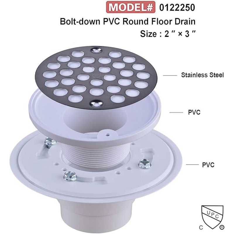 Hydro Master No-hub Bolt-down 2 inch or 3 inch PVC Shower Drain/Floor Drain with 4 inches Stainless Steel Round Strainer