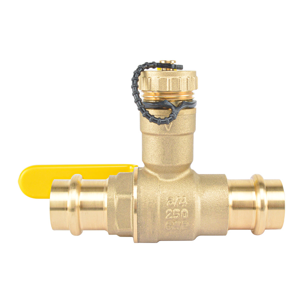 HYDRO MASTER 3/4" Press Full Port Ball Valve w/Drain & Reversible Handle, LF Brass, 3/4 Inch T-Flow, Press Connection