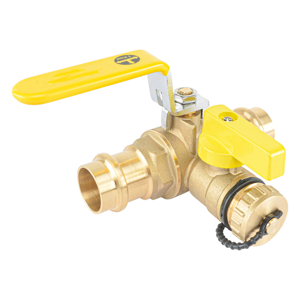 HYDRO MASTER 3/4" Press Full Port Ball Valve w/Drain & Reversible Handle, LF Brass, 3/4 Inch T-Flow, Press Connection