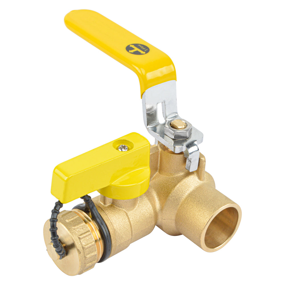 HYDRO MASTER 3/4" Sweat Full Port Ball Valve w/Drain & Reversible Handle, Lead-Free Brass, 3/4 Inch T-Flow, Sweat Connection