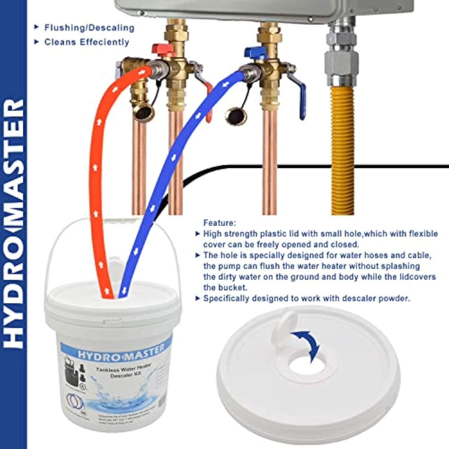 HYDRO MASTER Tankless Water Heater Flush kit,Includes 1/6HP Pump, 3.2 Gallon Pail With Screw Top Lid, Two 3/4-inch GHT x 6 FT Color Coded Rubber Hoses.