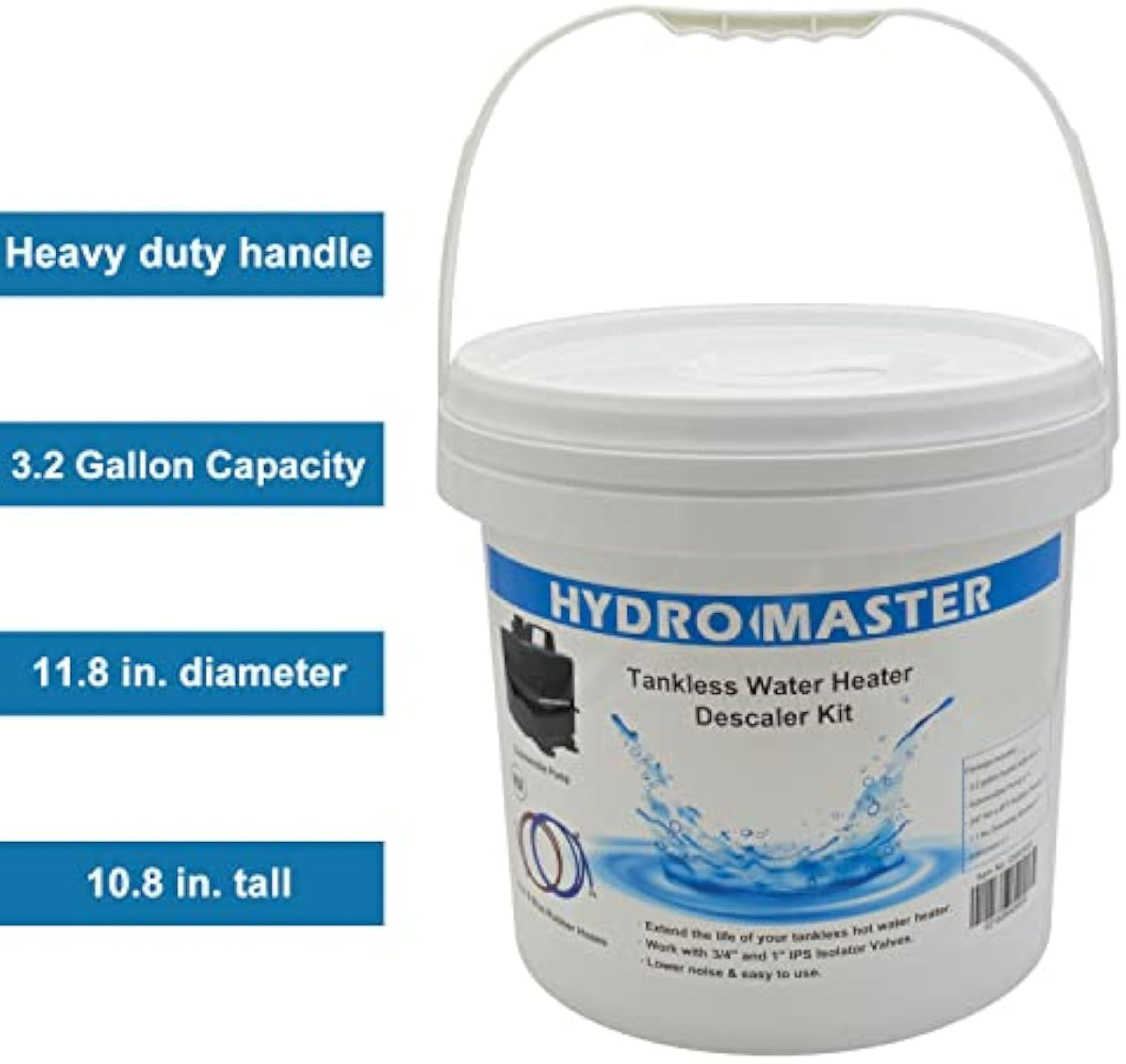 HYDRO MASTER Tankless Water Heater Flush kit,Includes Submersible Pump, 3.2 Gallon Pail With Screw Top Lid, Two 3/4-inch GHT x 6 FT Color Coded Rubber Hoses