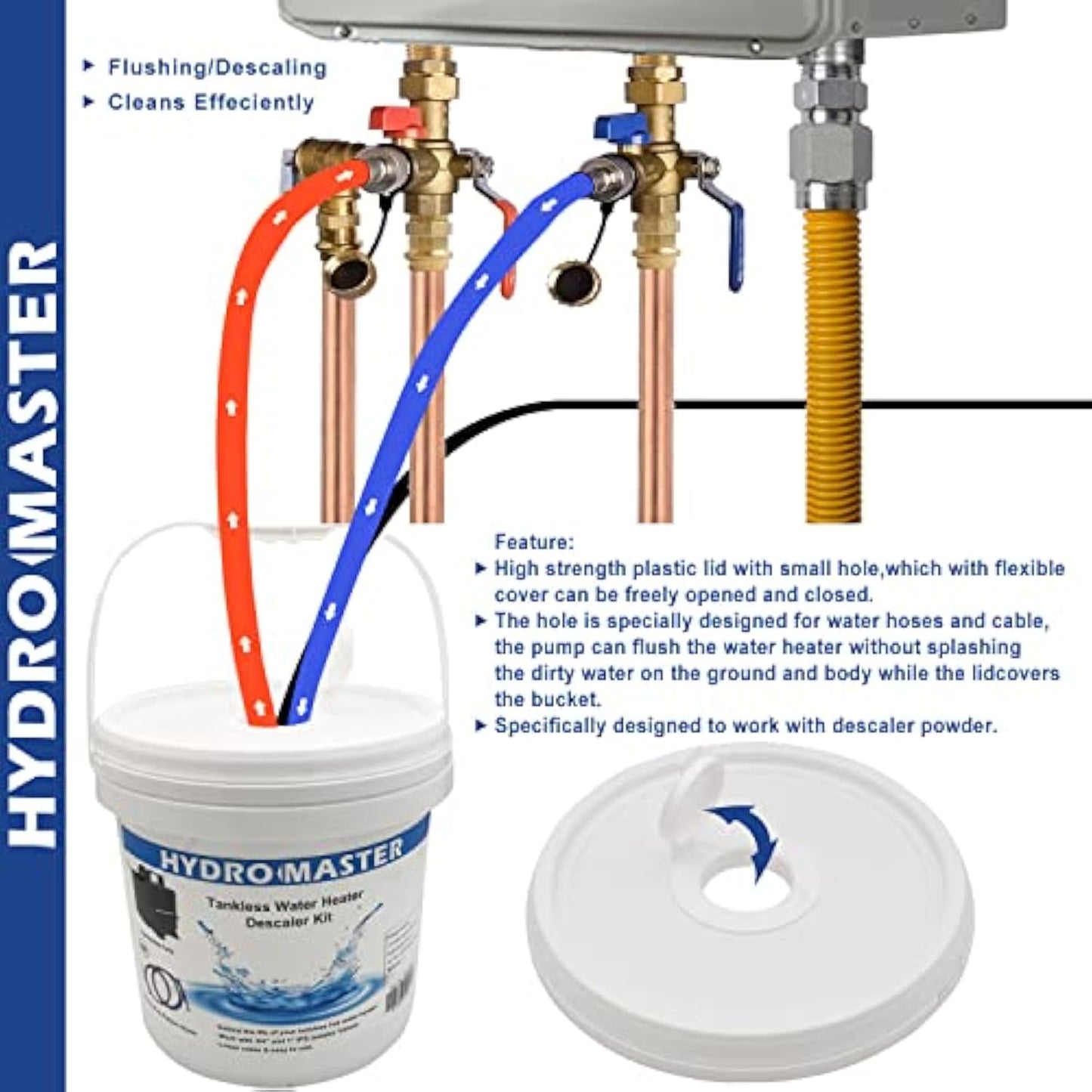 HYDRO MASTER Tankless Water Heater Flush kit,Includes Submersible Pump, 3.2 Gallon Pail With Screw Top Lid, Two 3/4-inch GHT x 6 FT Color Coded Rubber Hoses