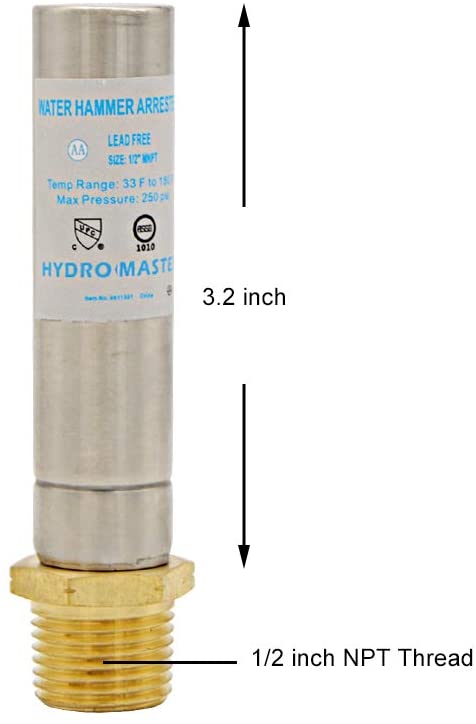 HYDRO MASTER Water Hammer Arrestor,Lead Free brass, 1/2"MNPT