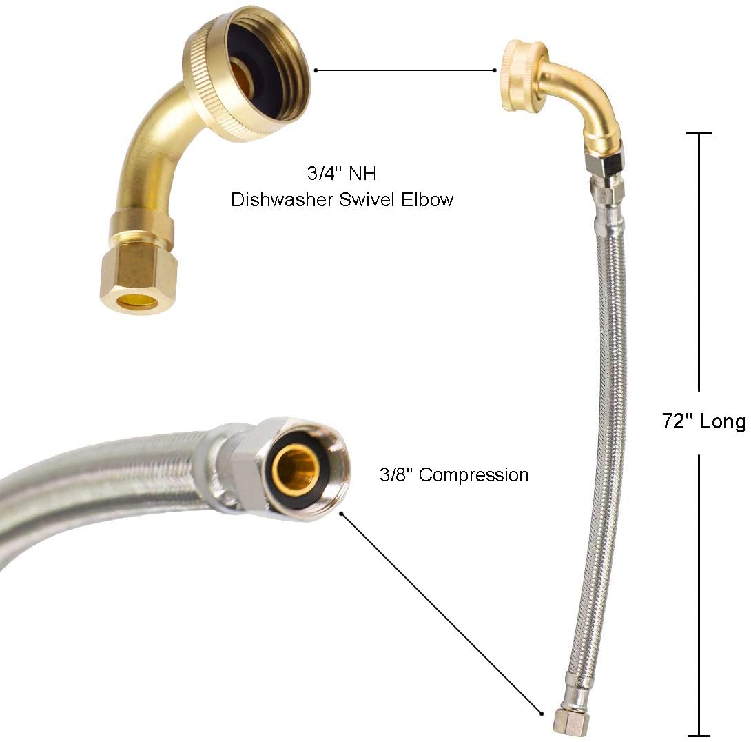Hydro Master 72 inches Braided Stainless Steel Dishwasher Connector with Elbow, 3/8" Comp x 3/8" Comp, Lead Free