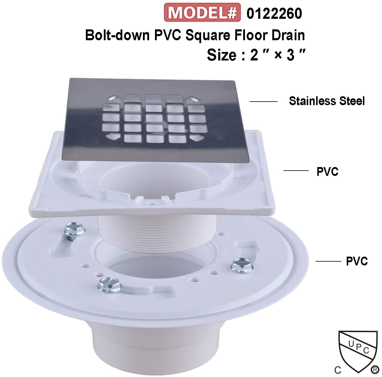 Hydro Master No-hub Bolt-down PVC Shower Drain with Top Stainless Steel Grate (Square) 2 inch or 3 inch