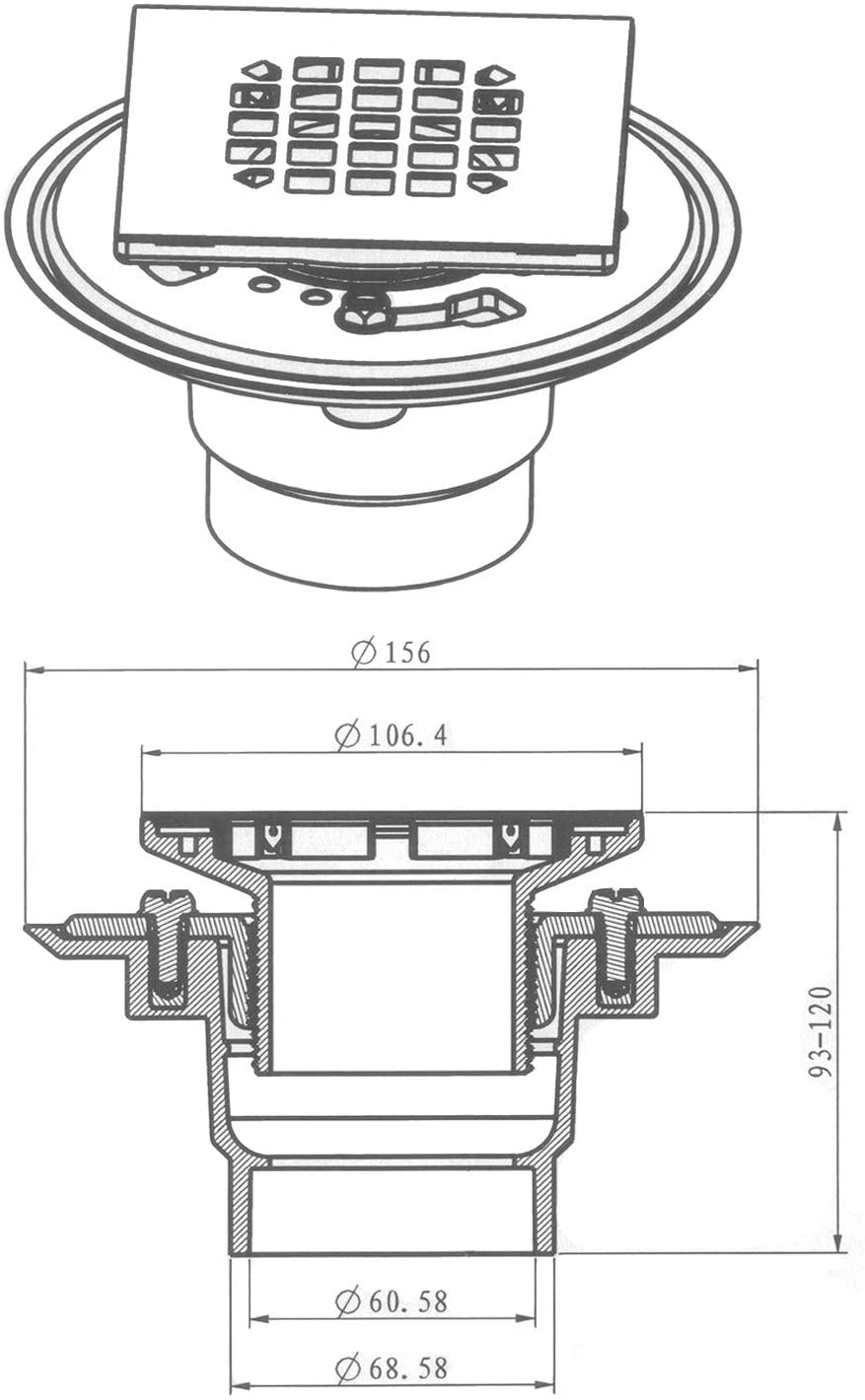 Hydro Master No-hub Bolt-down PVC Shower Drain with Top Stainless Steel Grate (Square) 2 inch or 3 inch