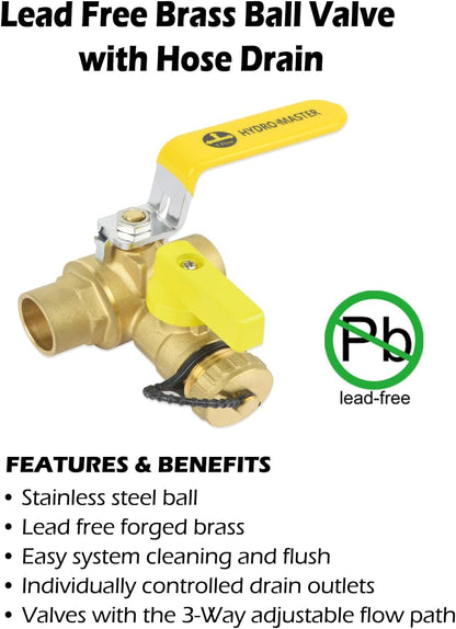 HYDRO MASTER 3/4" Sweat Full Port Ball Valve w/Drain & Reversible Handle, Lead-Free Brass, 3/4 Inch T-Flow, Sweat Connection