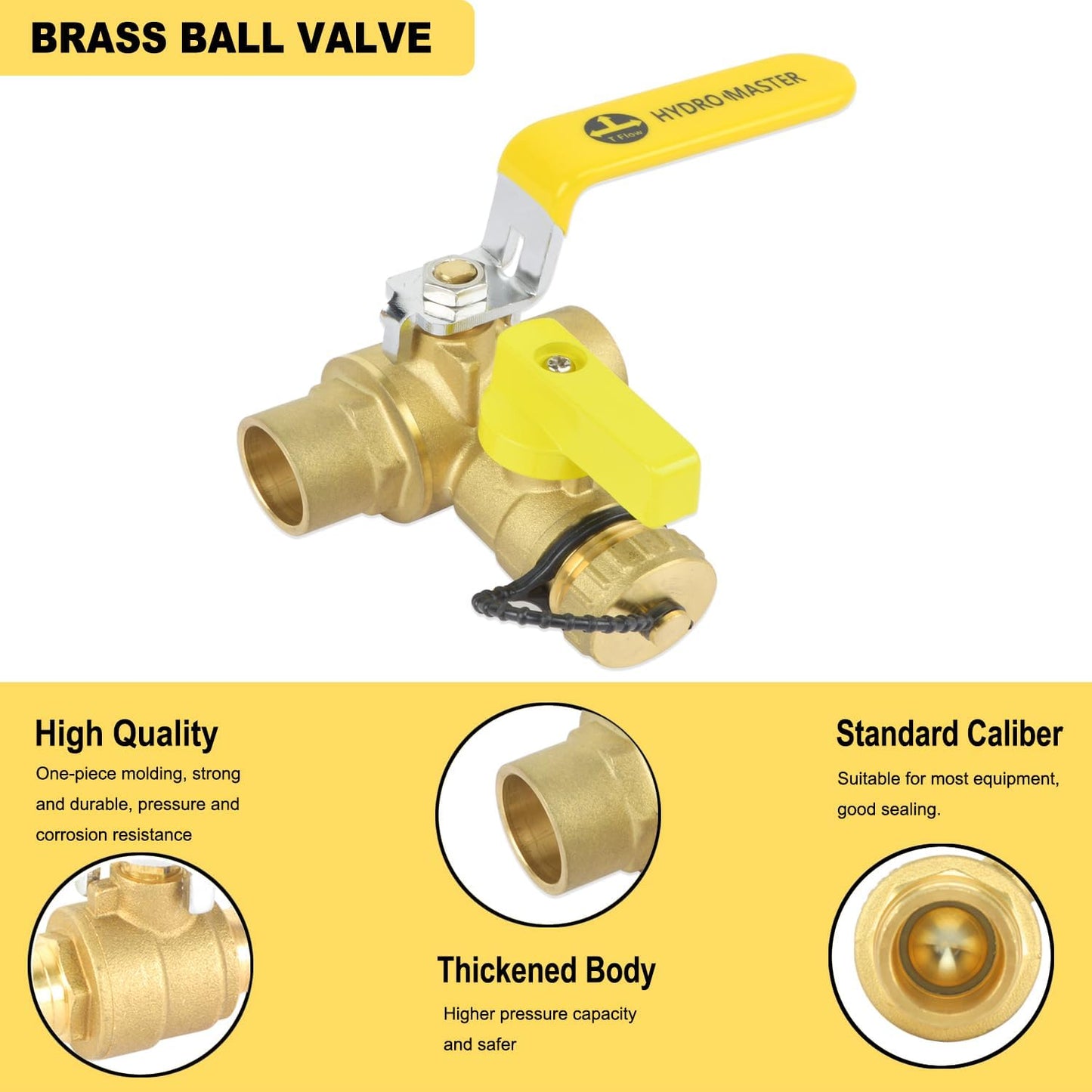 HYDRO MASTER 3/4" Sweat Full Port Ball Valve w/Drain & Reversible Handle, Lead-Free Brass, 3/4 Inch T-Flow, Sweat Connection