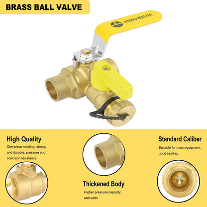 HYDRO MASTER 3/4" Sweat Full Port Ball Valve w/Drain & Reversible Handle, Lead-Free Brass, 3/4 Inch T-Flow, Sweat Connection