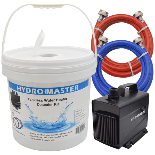 HYDRO MASTER Tankless Water Heater Flush kit,Includes Submersible Pump, 3.2 Gallon Pail With Screw Top Lid, Two 3/4-inch GHT x 6 FT Color Coded Rubber Hoses