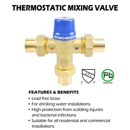 HYDRO MASTER Thermostatic Mixing Valve, Lead Free Brass Construction, Temperature Control, 3/4 Inch Sweat