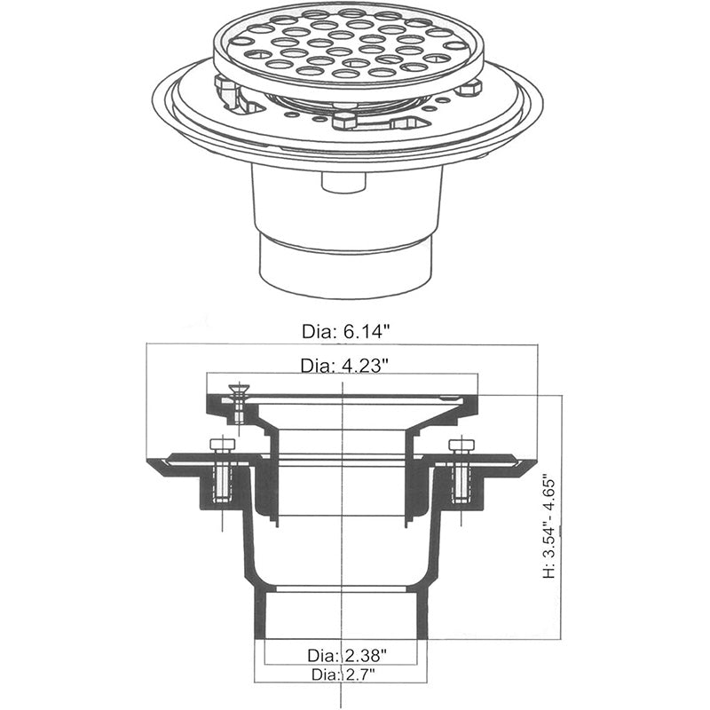 Hydro Master No-hub Bolt-down 2 inch or 3 inch PVC Shower Drain/Floor Drain with 4 inches Stainless Steel Round Strainer