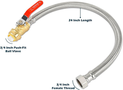 HYDRO MASTER Braided Flexible Water Heater Connector with Ball Valve, 3/4 Inch Ball Valve x 3/4 Inch FIP x 24 Inch Stainless Steel Flexible Water Heater Connector, For PEX Pipe, Copper, CPVC, HDPE - watertech plumbing supply