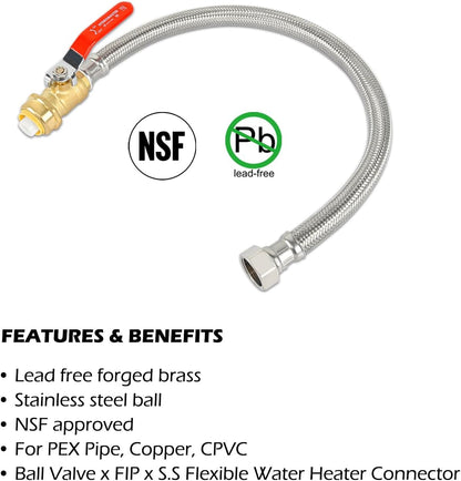 HYDRO MASTER Braided Flexible Water Heater Connector with Ball Valve, 3/4 Inch Ball Valve x 3/4 Inch FIP x 24 Inch Stainless Steel Flexible Water Heater Connector, For PEX Pipe, Copper, CPVC, HDPE - watertech plumbing supply