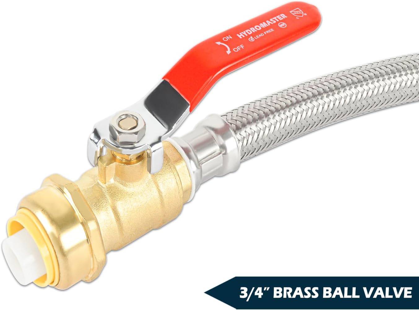 HYDRO MASTER Braided Flexible Water Heater Connector with Ball Valve, 3/4 Inch Ball Valve x 3/4 Inch FIP x 24 Inch Stainless Steel Flexible Water Heater Connector, For PEX Pipe, Copper, CPVC, HDPE - watertech plumbing supply