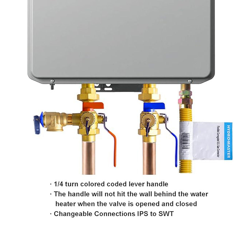 HYDRO MASTER Tankless Water Heater Service Valve Kit with Pressure Relief Valve Included 2 pcs SWT Connections, 1-Inch IPS Isolator Clean Brass