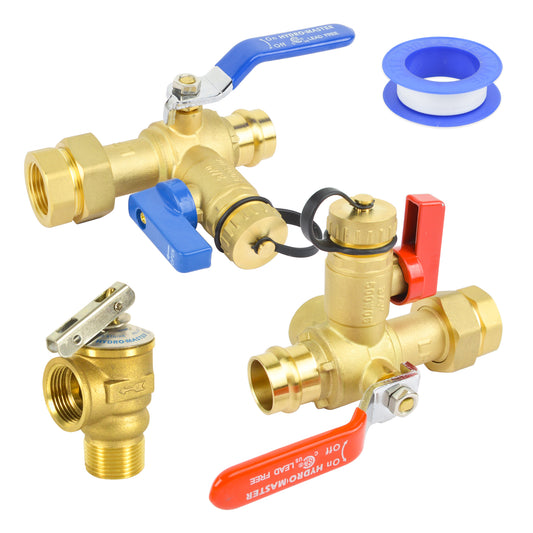 HYDRO MASTER Tankless Water Heater Valve Kit, Lead-Free Brass, NPT Thread x Press Connection