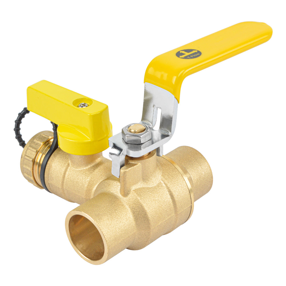 HYDRO MASTER 3/4" Sweat Full Port Ball Valve w/Drain & Reversible Handle, Lead-Free Brass, 3/4 Inch T-Flow, Sweat Connection
