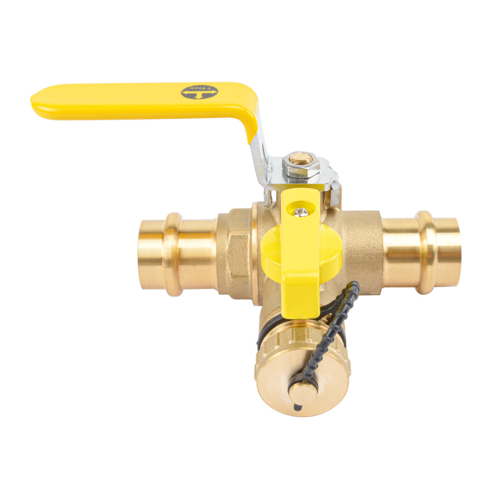 HYDRO MASTER 3/4" Press Full Port Ball Valve w/Drain & Reversible Handle, LF Brass, 3/4 Inch T-Flow, Press Connection
