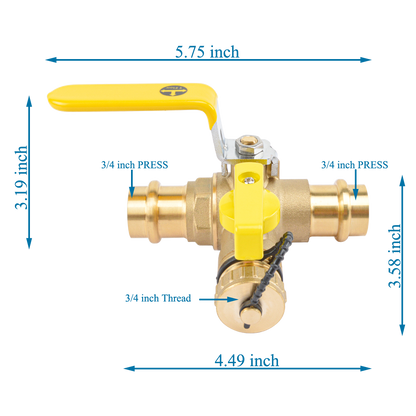 HYDRO MASTER 3/4" Press Full Port Ball Valve w/Drain & Reversible Handle - watertech plumbing supply
