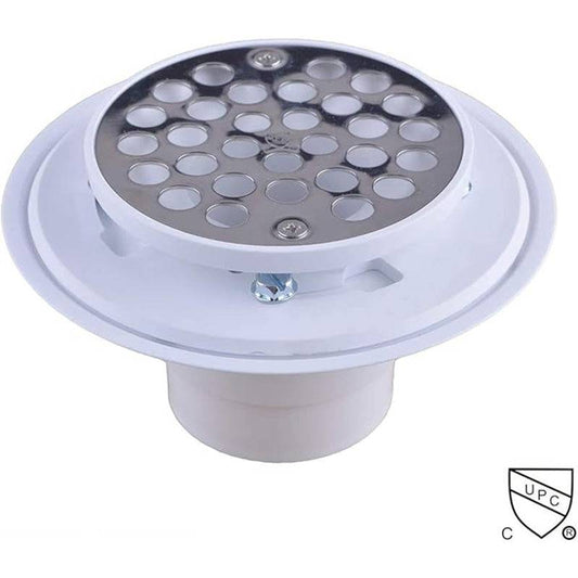 Hydro Master No-hub Bolt-down 2 inch or 3 inch PVC Shower Drain/Floor Drain with 4 inches Stainless Steel Round Strainer - watertech plumbing supply
