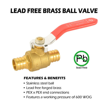 HYDRO MASTER PEX Ball Valve,Lead Free Brass, ASIN F1807, 600WOG, Pack of 5 - watertech plumbing supply