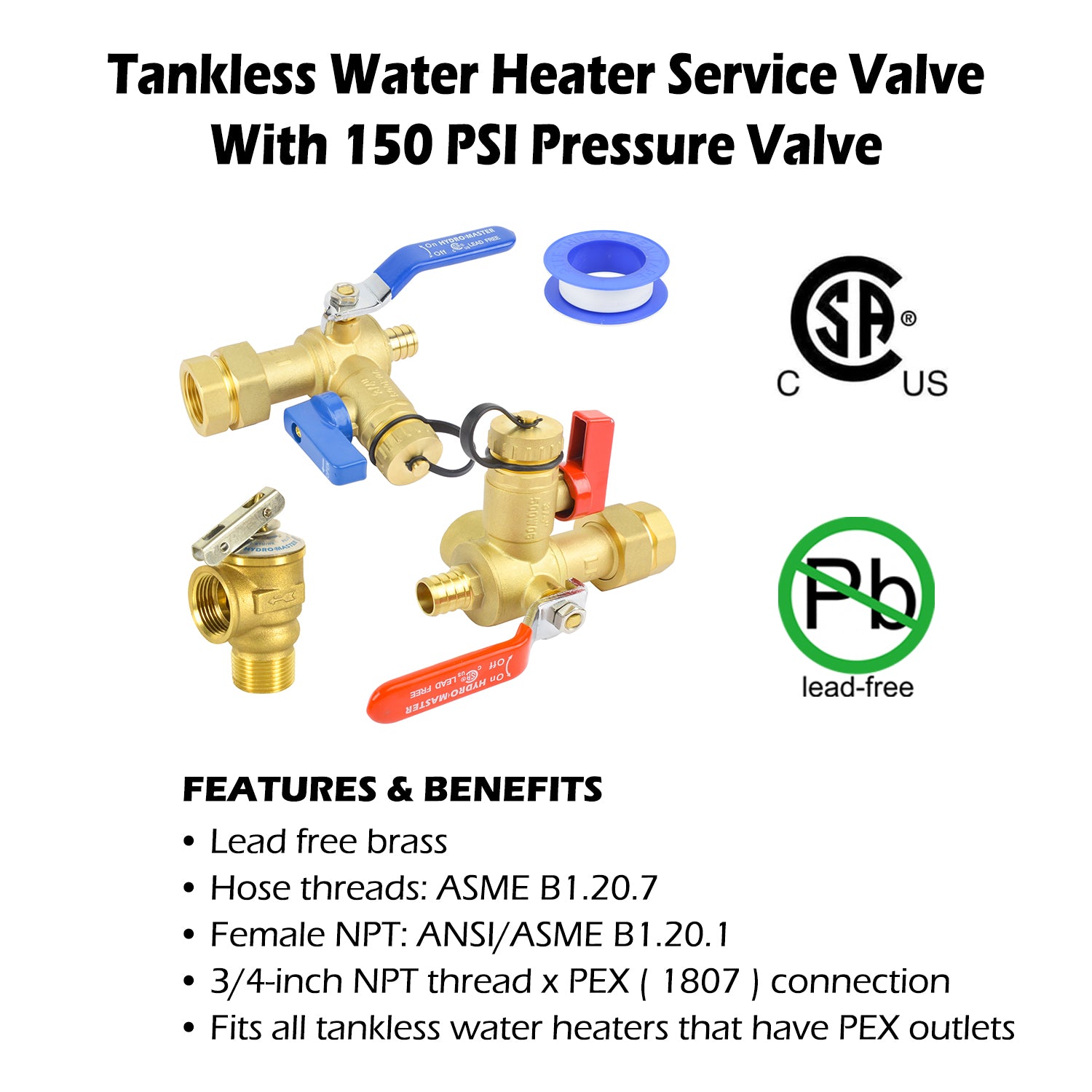 HYDRO MASTER Tankless Water Heater Valve Kit, Lead-Free Brass, NPT Thread x PEX Connection - watertech plumbing supply