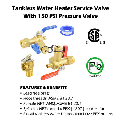 HYDRO MASTER Tankless Water Heater Valve Kit, Lead-Free Brass, NPT Thread x PEX Connection - watertech plumbing supply