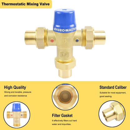HYDRO MASTER Thermostatic Mixing Valve, Lead Free Brass Construction, Temperature Control, 3/4 Inch Sweat - watertech plumbing supply