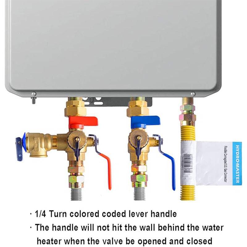 Hydro Master 3/4-Inch IPS Isolator Tankless Water Heater Service Valve Kit with Pressure Relief Valve, Clean Brass - watertech plumbing supply
