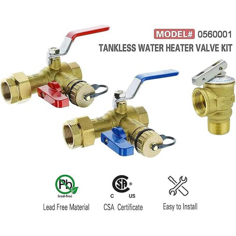 Hydro Master 3/4-Inch IPS Isolator Tankless Water Heater Service Valve Kit with Pressure Relief Valve, Clean Brass - watertech plumbing supply