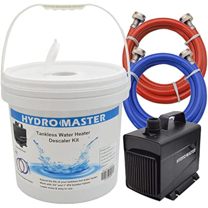 HYDRO MASTER Tankless Water Heater Flush kit,Includes Submersible Pump, 3.2 Gallon Pail With Screw Top Lid, Two 3/4-inch GHT x 6 FT Color Coded Rubber Hoses