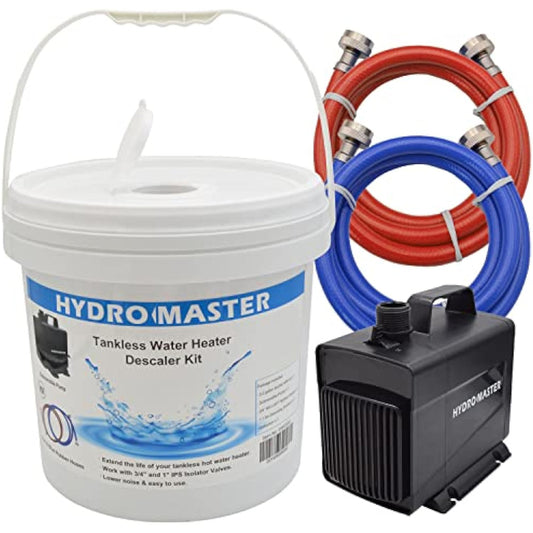HYDRO MASTER Tankless Water Heater Flush kit,Includes Submersible Pump, 3.2 Gallon Pail With Screw Top Lid, Two 3/4-inch GHT x 6 FT Color Coded Rubber Hoses
