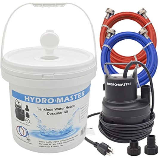 HYDRO MASTER Tankless Water Heater Flush kit,Includes 1/6HP Pump, 3.2 Gallon Pail With Screw Top Lid, Two 3/4-inch GHT x 6 FT Color Coded Rubber Hoses.