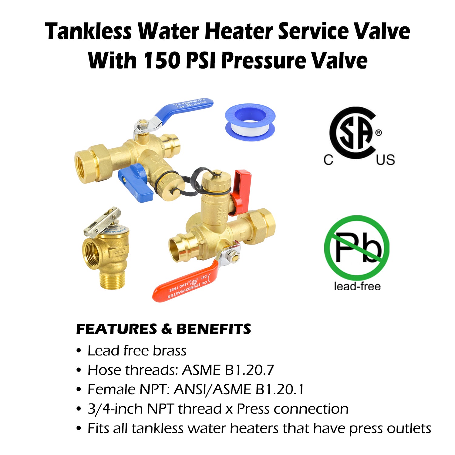 HYDRO MASTER Tankless Water Heater Valve Kit, Lead-Free Brass, NPT Thread x PEX (F1960) Connection - watertech plumbing supply