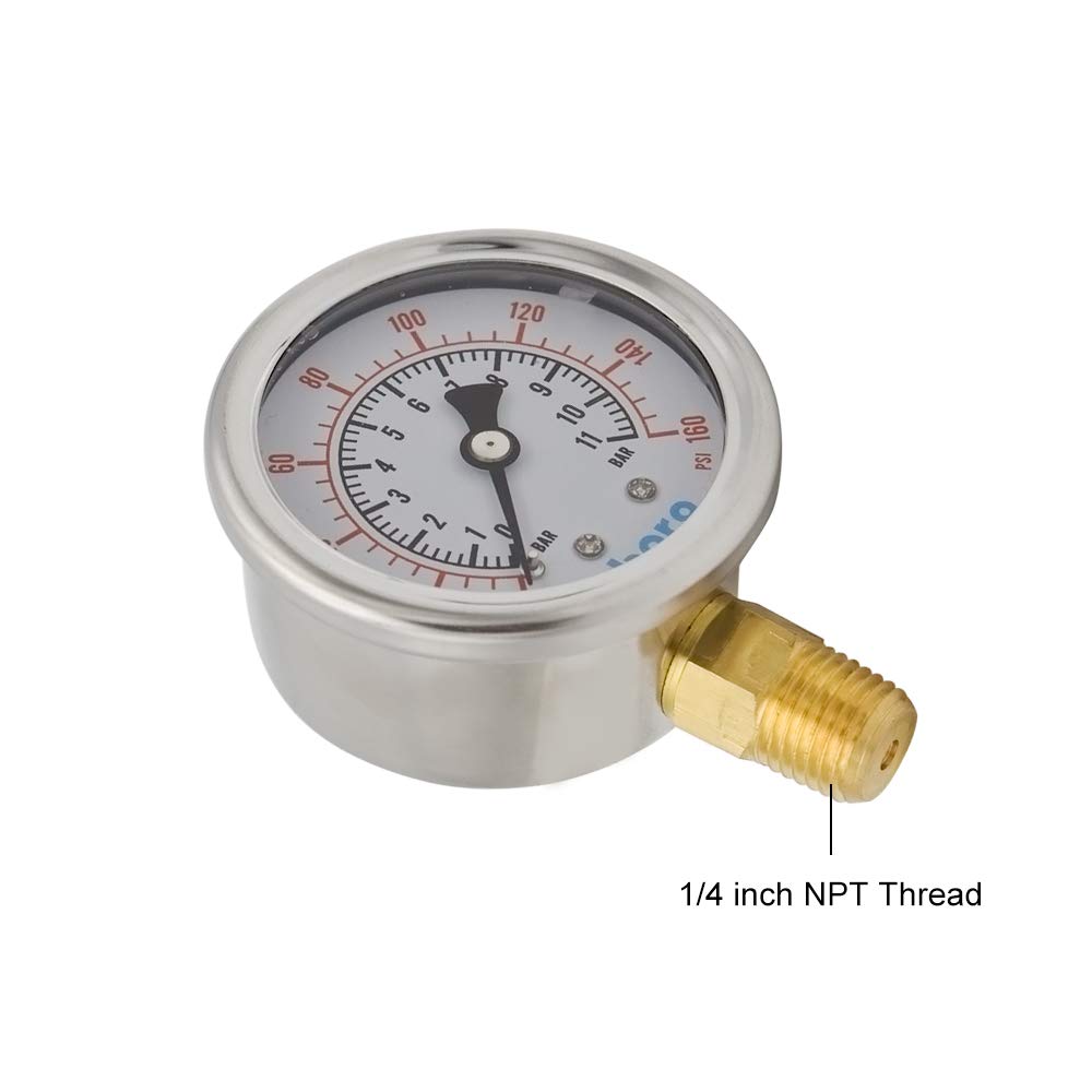 HYDRO MASTER Dual Scale 2" Stainless Steel Case Regulator Gauge with Liquid Filled,1/4" NPT Bottom Connection