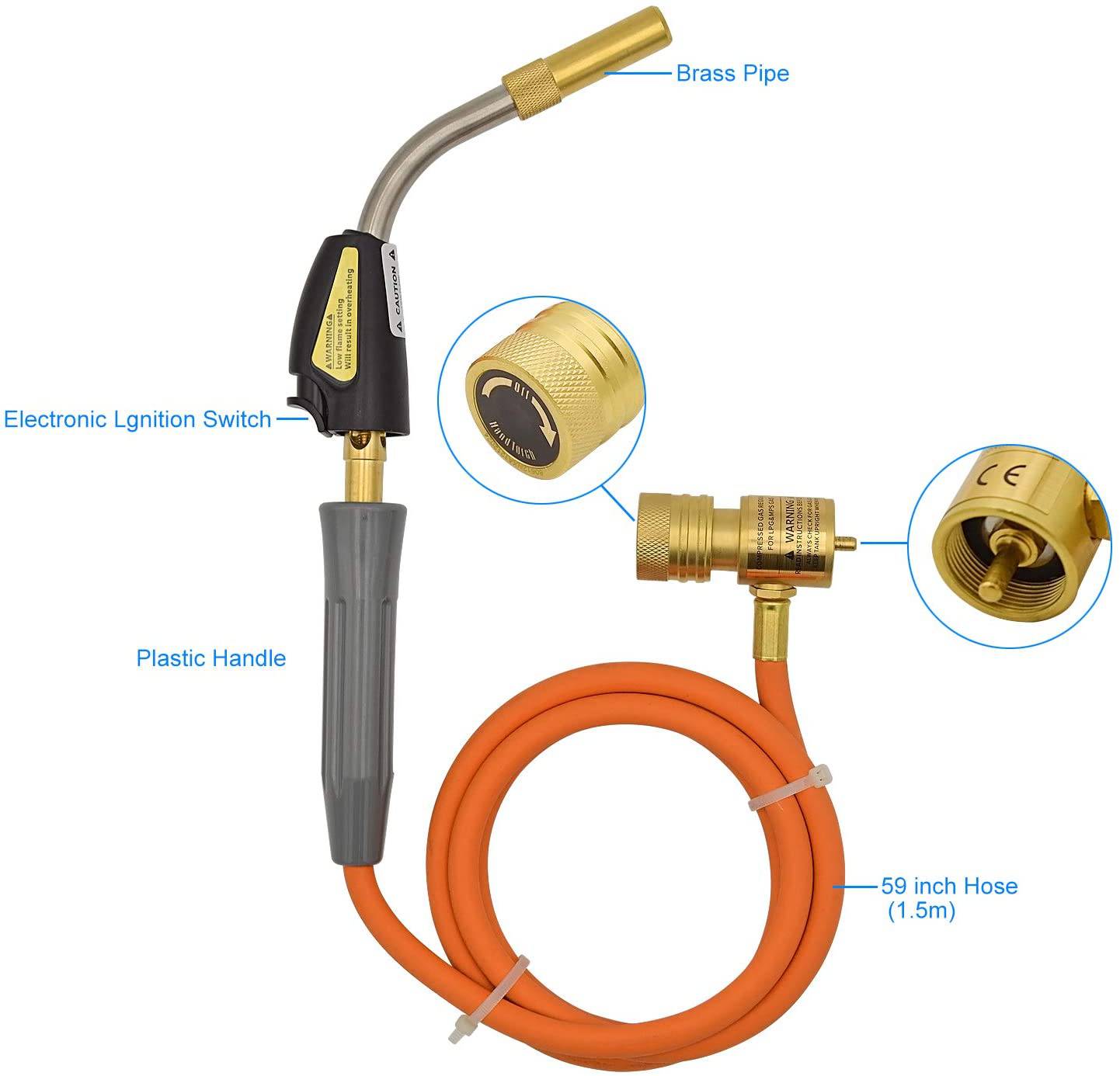 HYDRO MASTER 0280101 Self-Lighting Hand Welding Torch with 60 Inch Hose, connection suitable for Propane MAPP Propane and LPG Gas - watertech plumbing supply