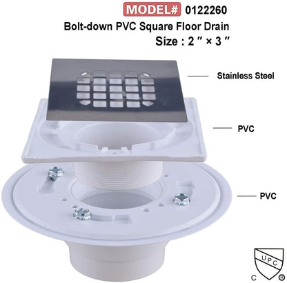Hydro Master No-hub Bolt-down PVC Shower Drain with Top Stainless Steel Grate (Square) 2 inch or 3 inch