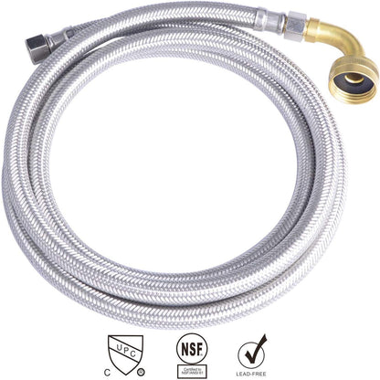 Hydro Master 72 inches Braided Stainless Steel Dishwasher Connector with Elbow, 3/8" Comp x 3/8" Comp, Lead Free