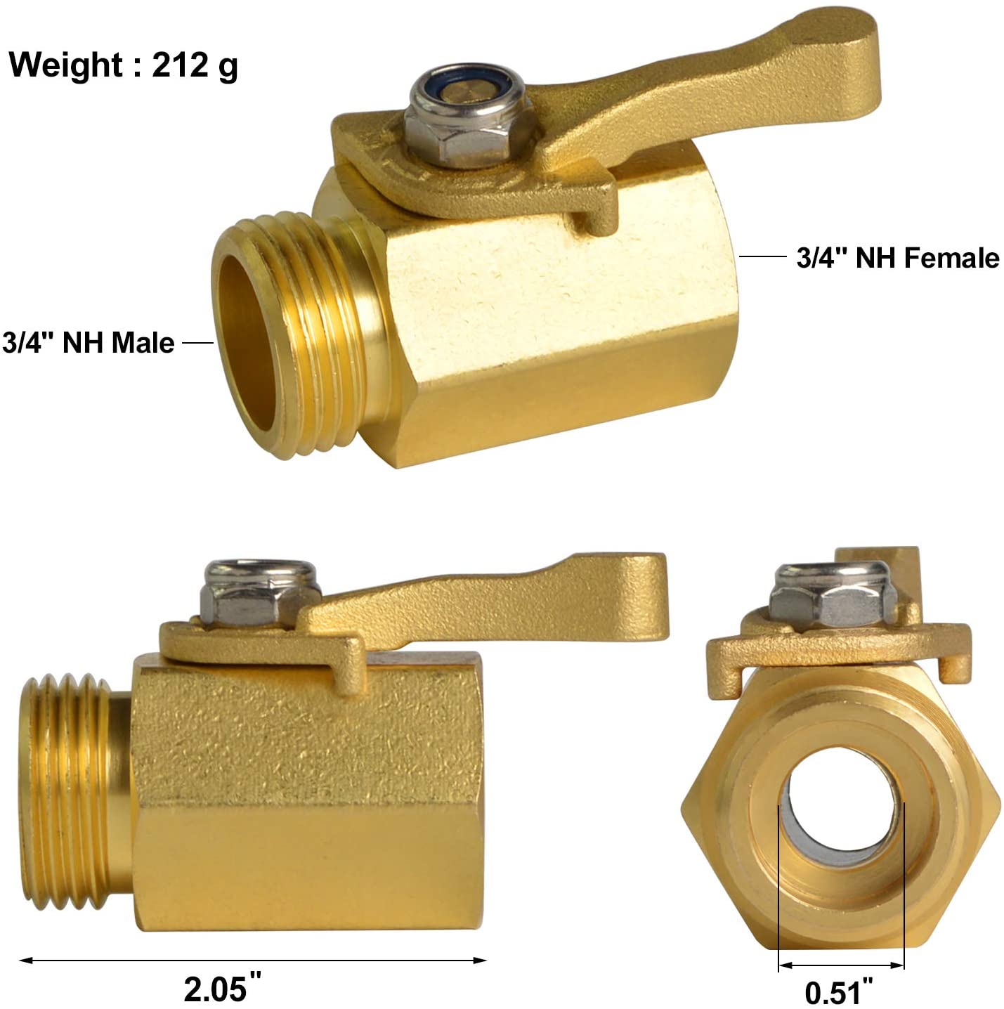 HYDRO MASTER Heavy Duty 3/4" Brass Shut Off Valve with Large Handle, Full Flow Garden Hose Connector